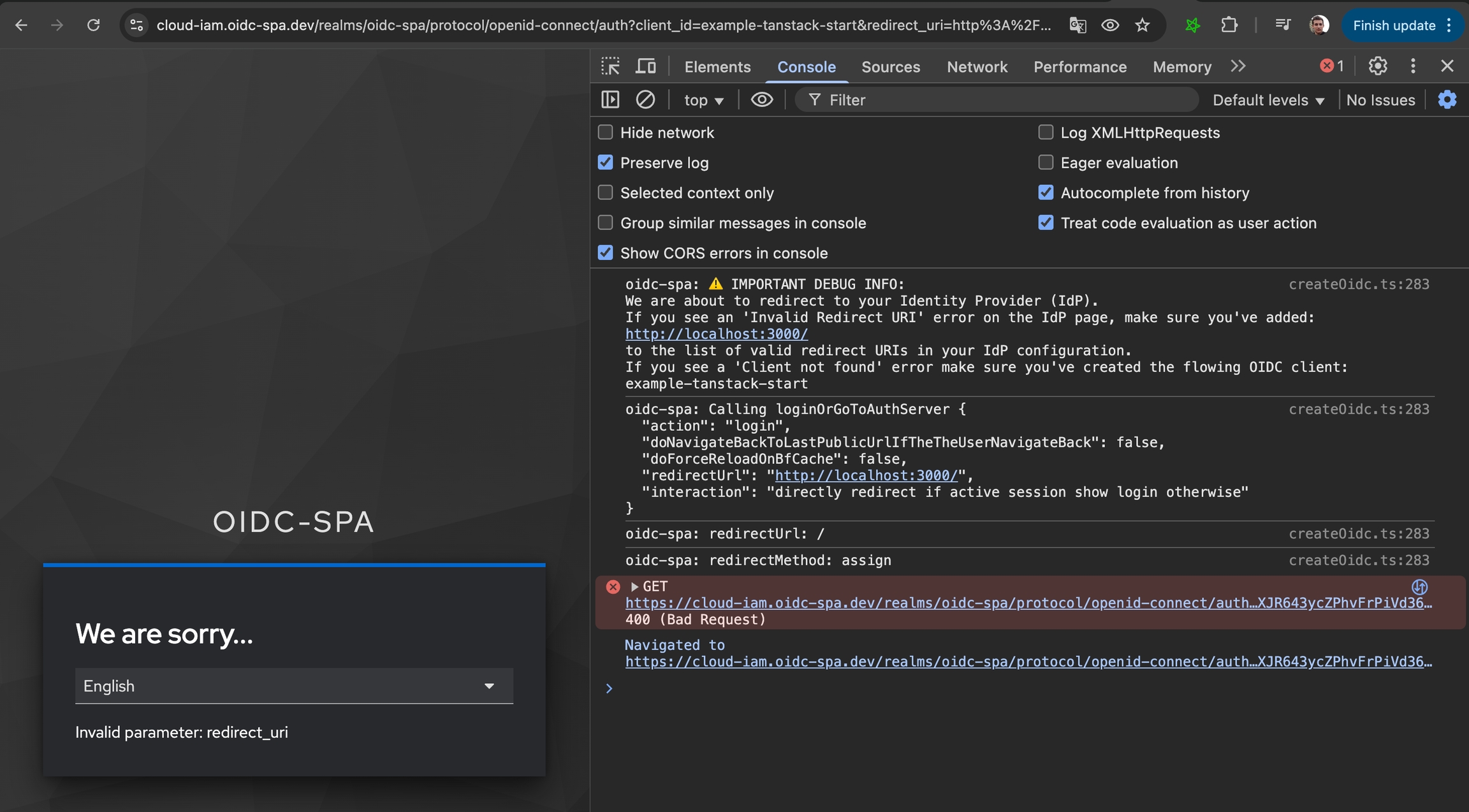 Console showing missing redirect URI error