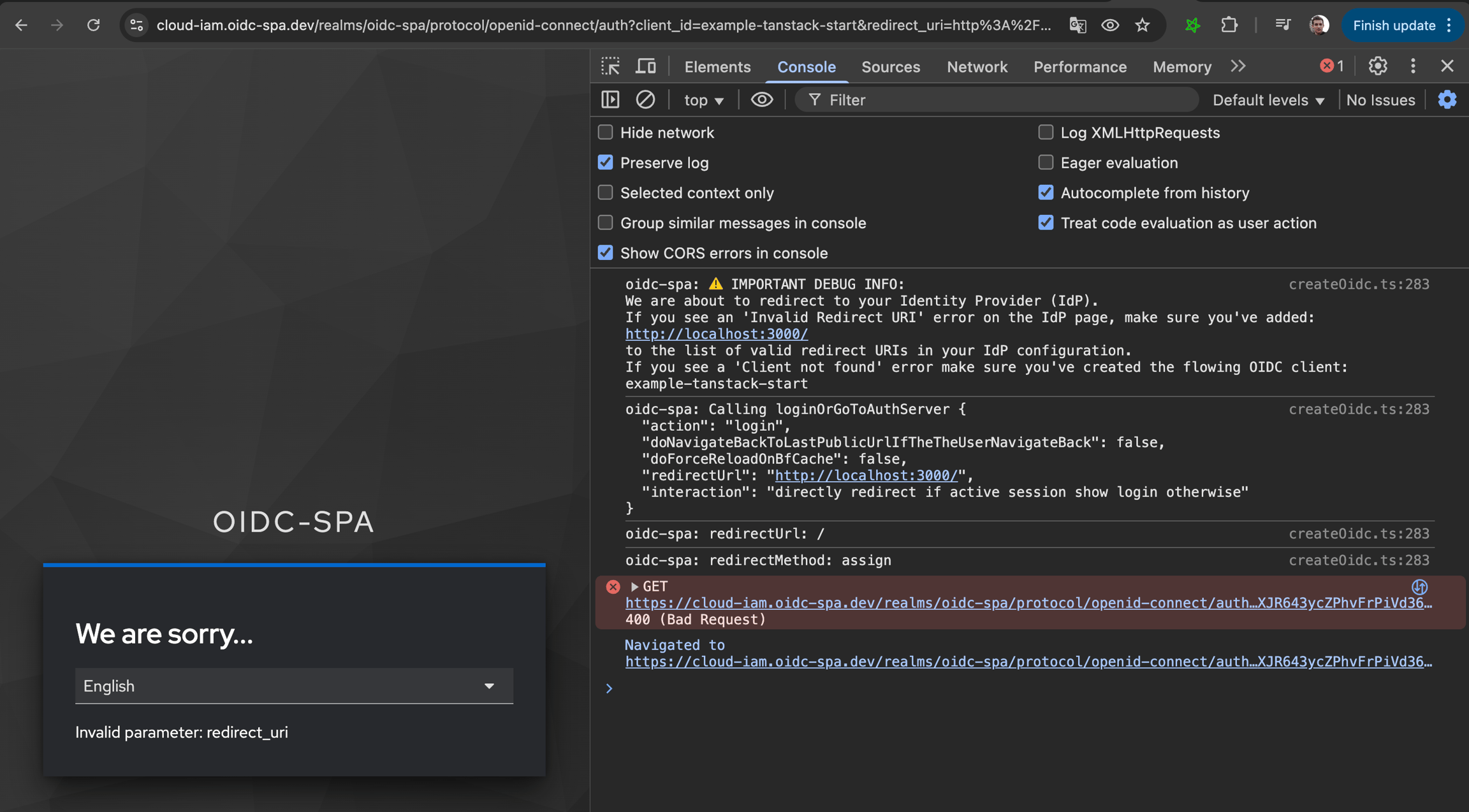 Console showing missing redirect URI error